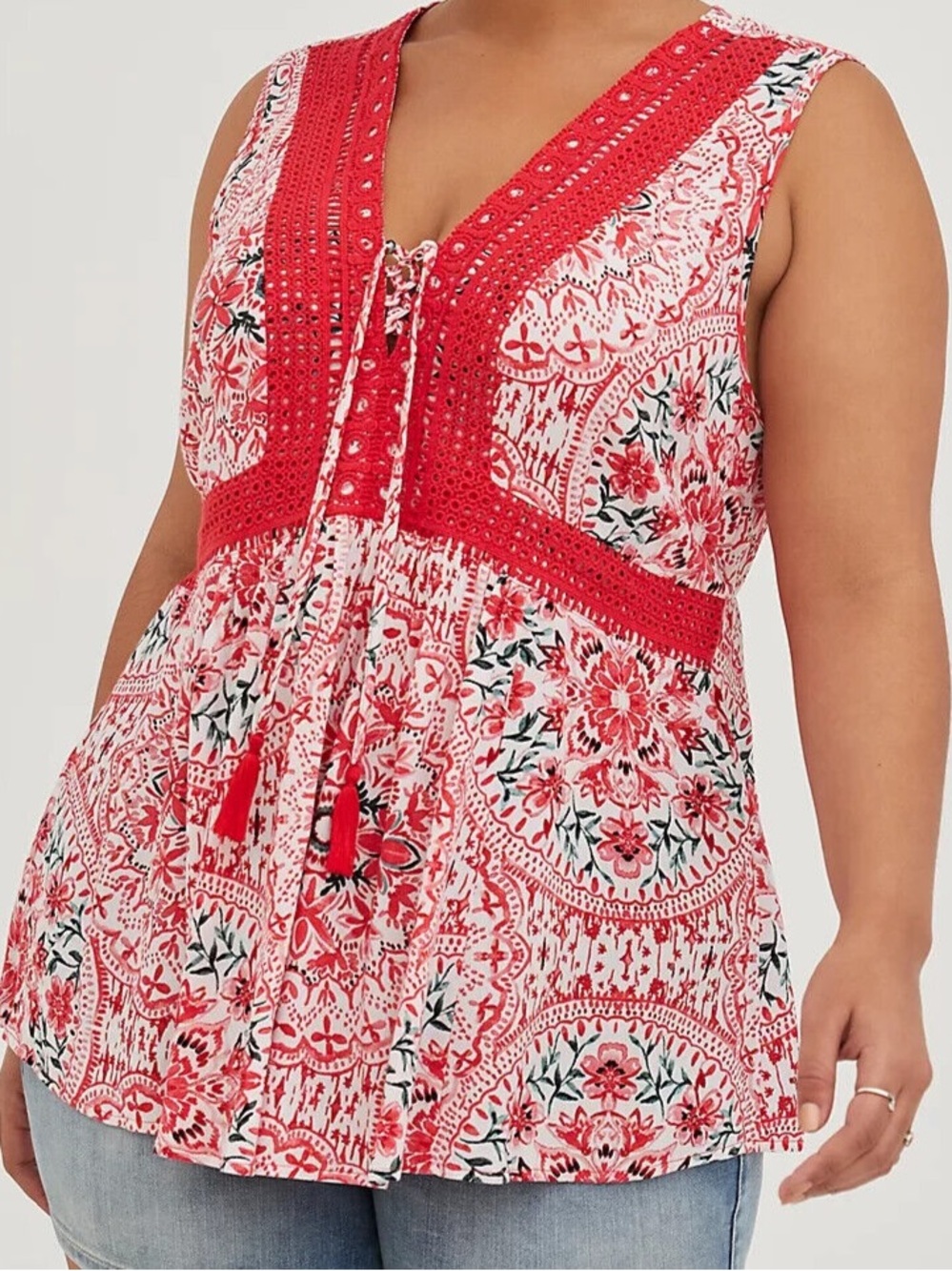 Torrid Crinkle Gauze Crochet Inset Lace Up Sleeveless Top Summer Boho Size 14-16